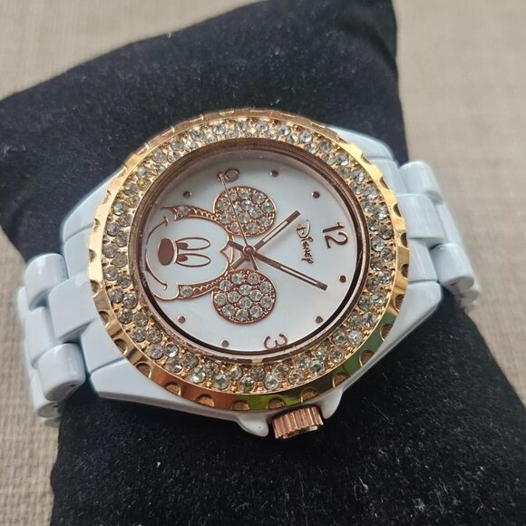 Minnie Mouse Wristwatch Crystals Accent Gold Tone Bezel Analog Watch Accutime - Picture 3 of 11